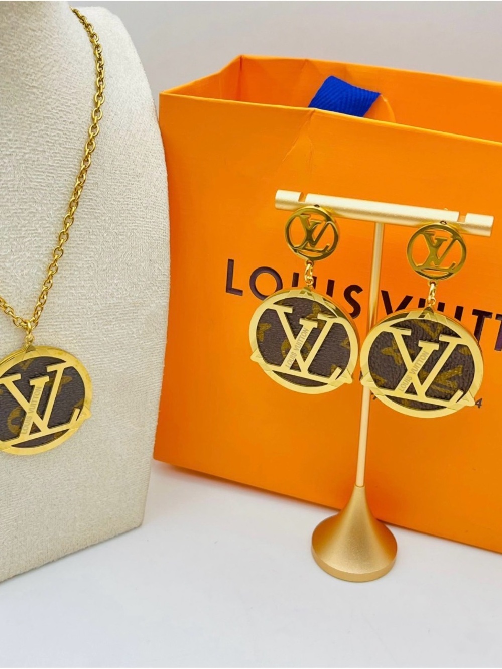Stainless steel Gold-Tone Monogram Circle Drop Earrings - Brown/Gold New WOT box